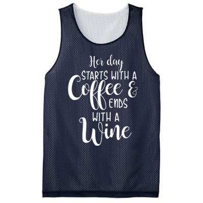 Her Day Starts With A Coffee Ends With A Wine Funny Women Mesh Reversible Basketball Jersey Tank