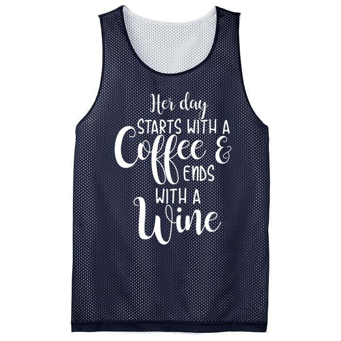 Her Day Starts With A Coffee Ends With A Wine Funny Women Mesh Reversible Basketball Jersey Tank