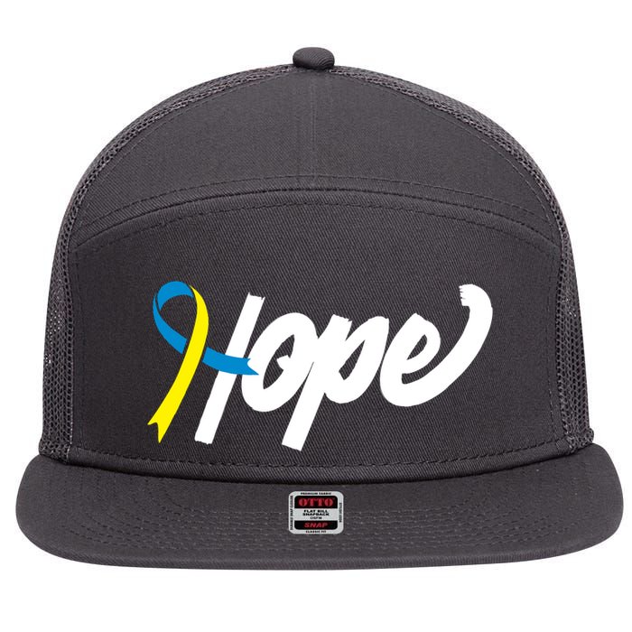 Hope Down Syndrome Awareness Ribbon 7 Panel Mesh Trucker Snapback Hat