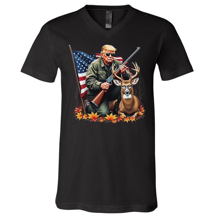 Hunting Deer Season Vintage Trump Usa Flag Camouflage V-Neck T-Shirt