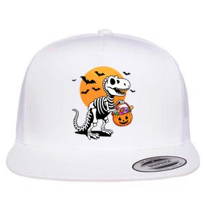 Halloween Dinosaur Skeleton T Rex Scary Pumpkin Moon De Flat Bill Trucker Hat