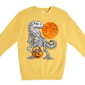 Halloween Dinosaur Skeleton T Rex Scary Pumpkin Moon Raglan Baseball Premium Crewneck Sweatshirt