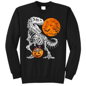 Halloween Dinosaur Skeleton T Rex Scary Pumpkin Moon Raglan Baseball Sweatshirt