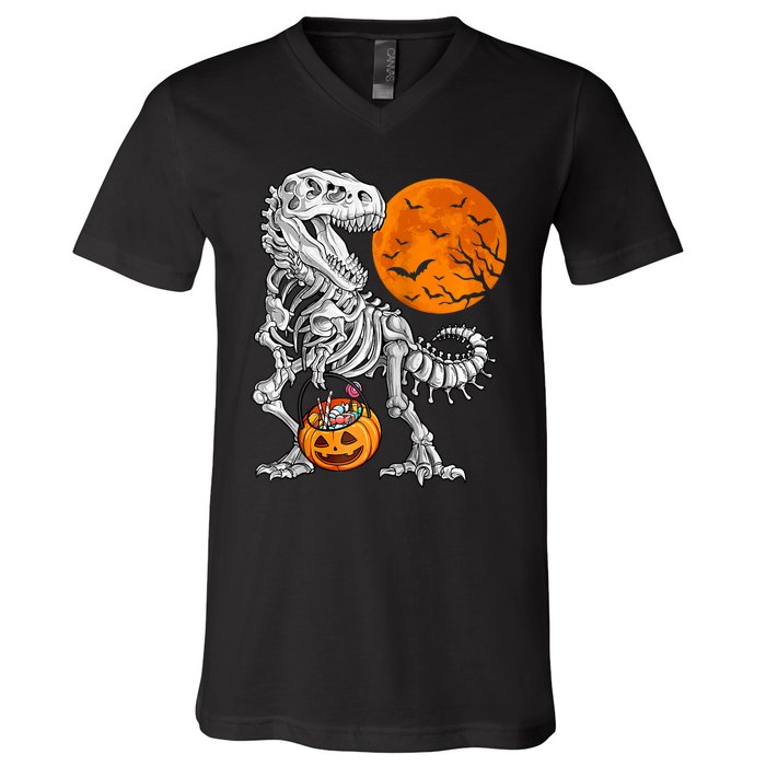 Halloween Dinosaur Skeleton T Rex Scary Pumpkin Moon Raglan Baseball V-Neck T-Shirt