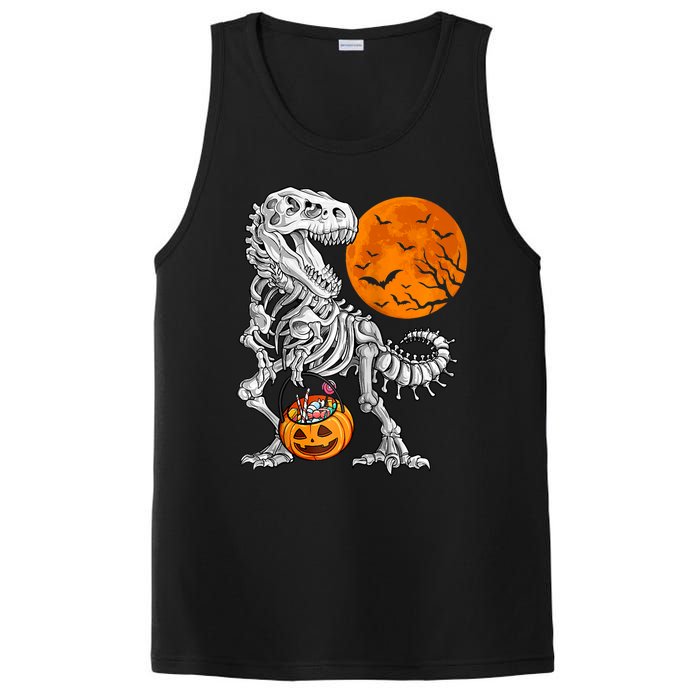 Halloween Dinosaur Skeleton T Rex Scary Pumpkin Moon Raglan Baseball PosiCharge Competitor Tank