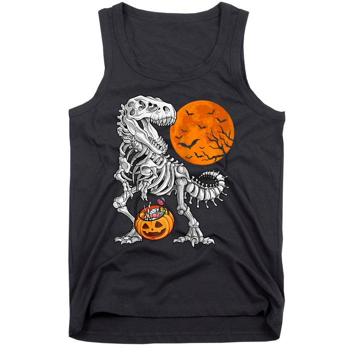 Halloween Dinosaur Skeleton T Rex Scary Pumpkin Moon Raglan Baseball Tank Top