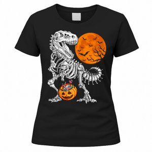 Halloween Dinosaur Skeleton T Rex Scary Pumpkin Moon Raglan Baseball Women's T-Shirt