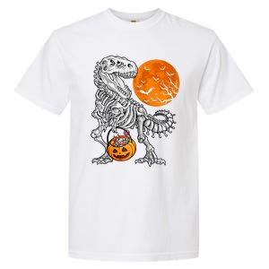 Halloween Dinosaur Skeleton T Rex Scary Pumpkin Moon Raglan Baseball Garment-Dyed Heavyweight T-Shirt