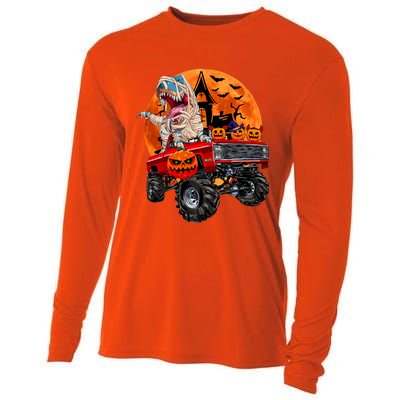 Halloween Dinosaur Skeleton T Rex Scary Pumpkin Moon Cooling Performance Long Sleeve Crew