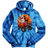 Halloween Dinosaur Skeleton T Rex Scary Pumpkin Moon Tie Dye Hoodie