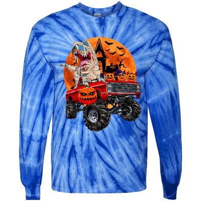 Halloween Dinosaur Skeleton T Rex Scary Pumpkin Moon Tie-Dye Long Sleeve Shirt