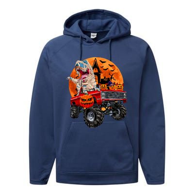 Halloween Dinosaur Skeleton T Rex Scary Pumpkin Moon Performance Fleece Hoodie