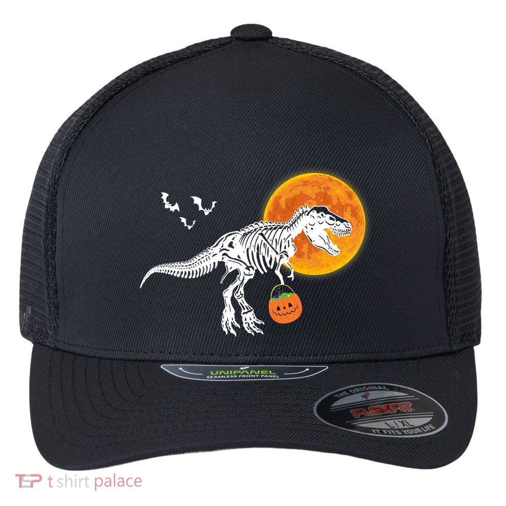 Halloween Dinosaur Skeleton T Rex Scary Pumpkin Moon Flexfit Unipanel Trucker Cap