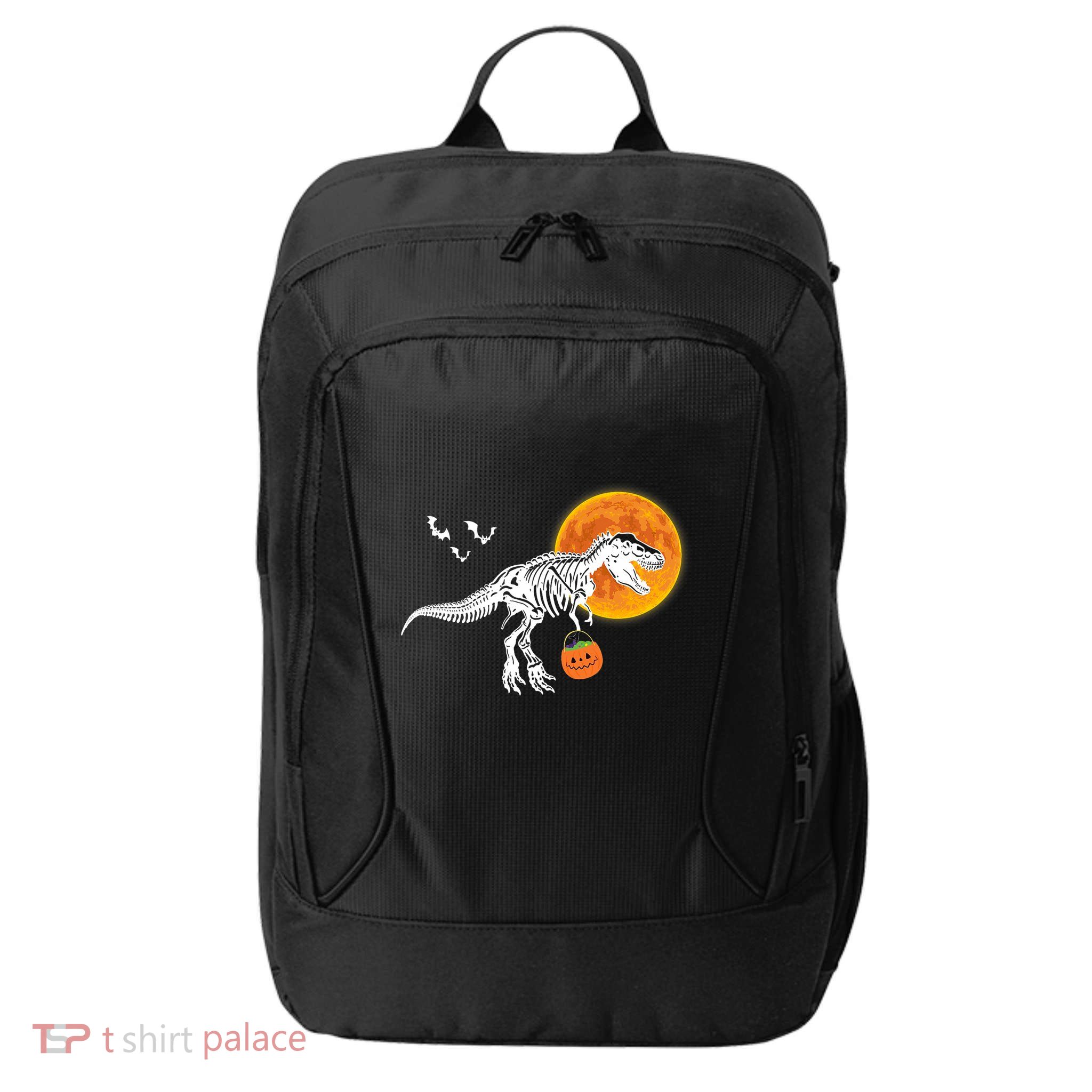 Halloween Dinosaur Skeleton T Rex Scary Pumpkin Moon City Backpack