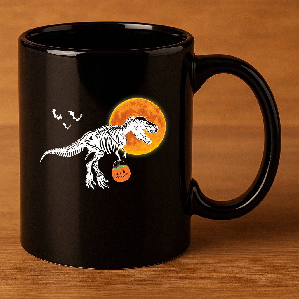 Halloween Dinosaur Skeleton T Rex Scary Pumpkin Moon 11oz C Handle Ceramic Mug