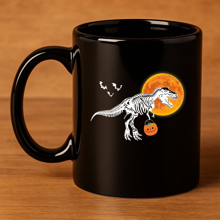 Halloween Dinosaur Skeleton T Rex Scary Pumpkin Moon 11oz C Handle Ceramic Mug