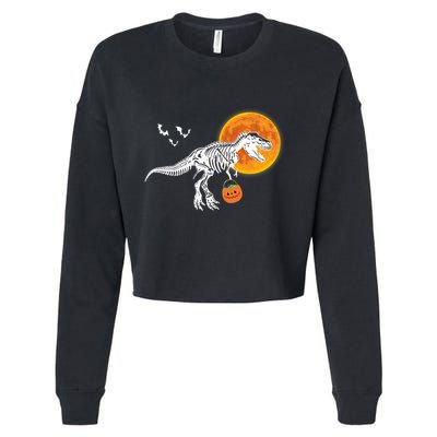 Halloween Dinosaur Skeleton T Rex Scary Pumpkin Moon Cropped Pullover Crew