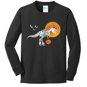 Halloween Dinosaur Skeleton T Rex Scary Pumpkin Moon Kids Long Sleeve Shirt