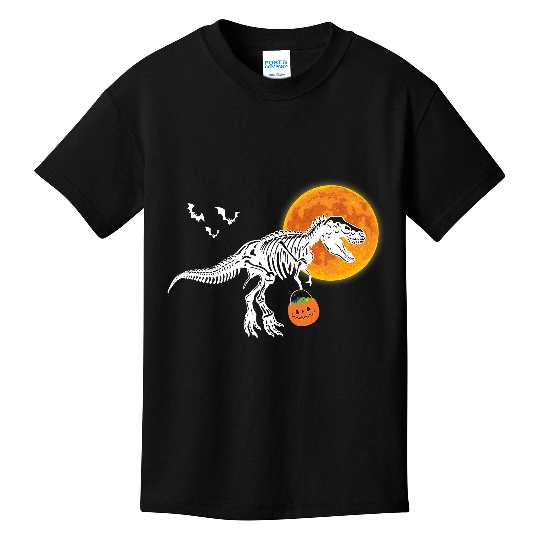 Halloween Dinosaur Skeleton T Rex Scary Pumpkin Moon Kids T-Shirt