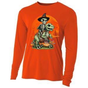 Halloween Dinosaur Skeleton T Rex Pumpkin Moon Funny Gift Cooling Performance Long Sleeve Crew