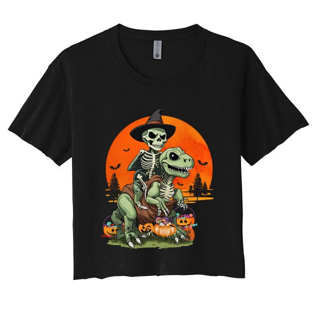 Halloween Dinosaur Skeleton T Rex Pumpkin Moon Funny Gift Crop Top