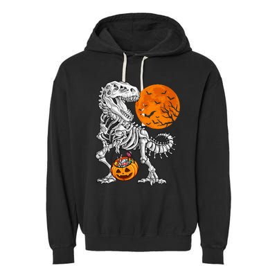 Halloween Dinosaur Skeleton T rex Scary Pumpkin Moon Garment-Dyed Fleece Hoodie