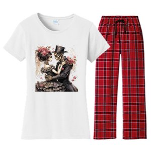 Halloween Dancing Skeleton Couple Roses And Skeleton Women's Flannel Pajama Set