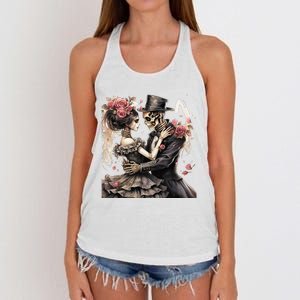 Halloween Dancing Skeleton Couple Roses And Skeleton Women's Knotted Racerback Tank