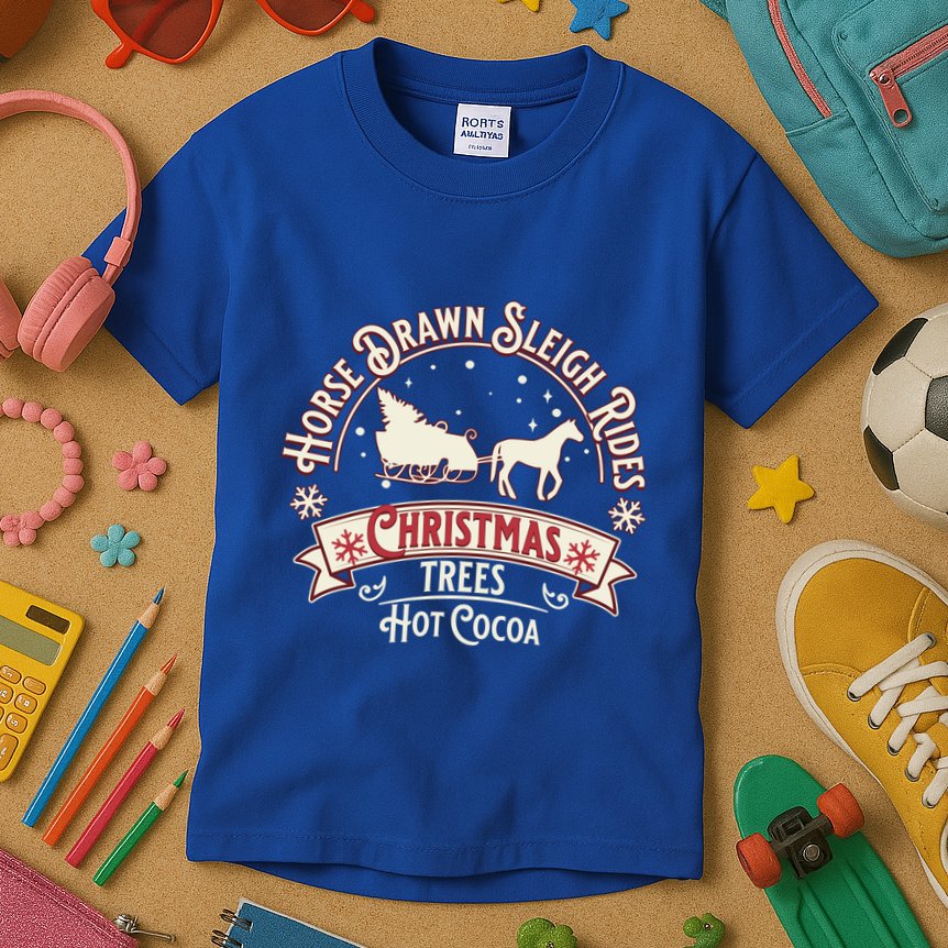 Horse Drawn Sleigh Ride Christmas Sleigh Ride Tree Farm Gift Kids T-Shirt