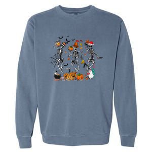 Hallothanksmas Dancing Skeletons Halloween Thanksgiving Xmas Great Gift Garment-Dyed Sweatshirt