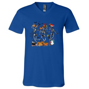 Hallothanksmas Dancing Skeletons Halloween Thanksgiving Xmas Great Gift V-Neck T-Shirt