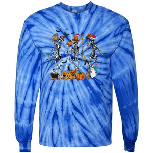 Hallothanksmas Dancing Skeletons Halloween Thanksgiving Xmas Great Gift Tie-Dye Long Sleeve Shirt