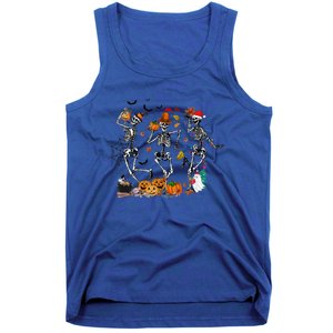 Hallothanksmas Dancing Skeletons Halloween Thanksgiving Xmas Great Gift Tank Top