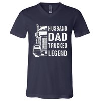 Husband Dad Trucker Legend Funny Truck Driver Trucking V-Neck T-Shirt