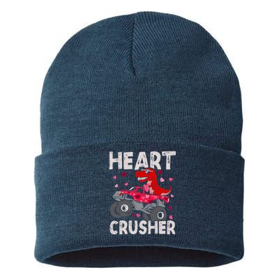 Hearts Dinosaur T Rex Monster Truck Valentines Day Sustainable Knit Beanie