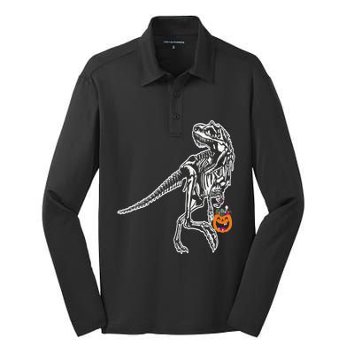 Halloween Dinosaur T Rex Skeleton Scary Gift Silk Touch Performance Long Sleeve Polo