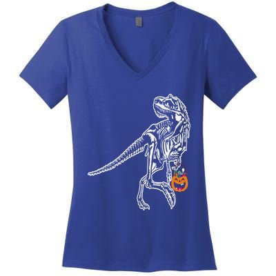 Halloween Dinosaur T Rex Skeleton Scary Gift Women's V-Neck T-Shirt