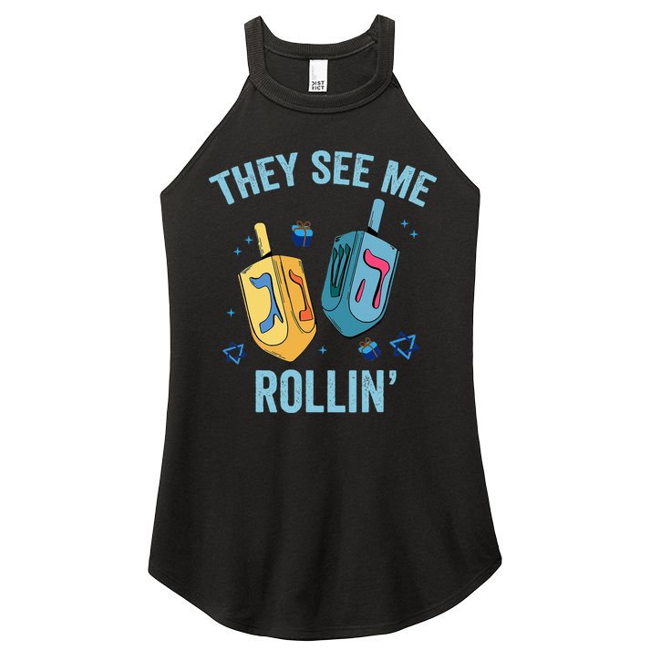 Hanukkah Dreidel They See Me Rolling Funny Jewish Festival  Women's Perfect Tri Rocker Tank
