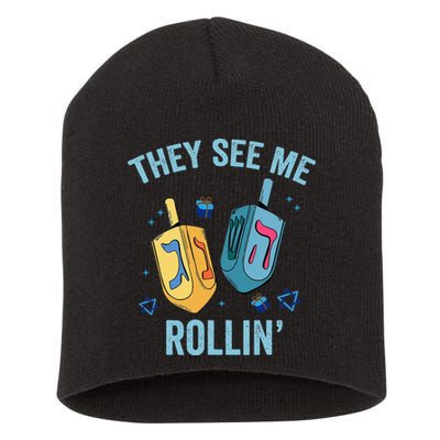 Hanukkah Dreidel They See Me Rolling Funny Jewish Festival  Short Acrylic Beanie
