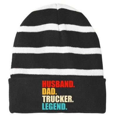 Husband Dad Trucker Legend Funny Truck Driver Trucking Striped Beanie with Solid Band