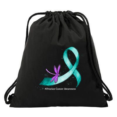 Hippie Dragonfly Teal Ribbon Ovarian Cancer Awareness Cute Gift Drawstring Bag