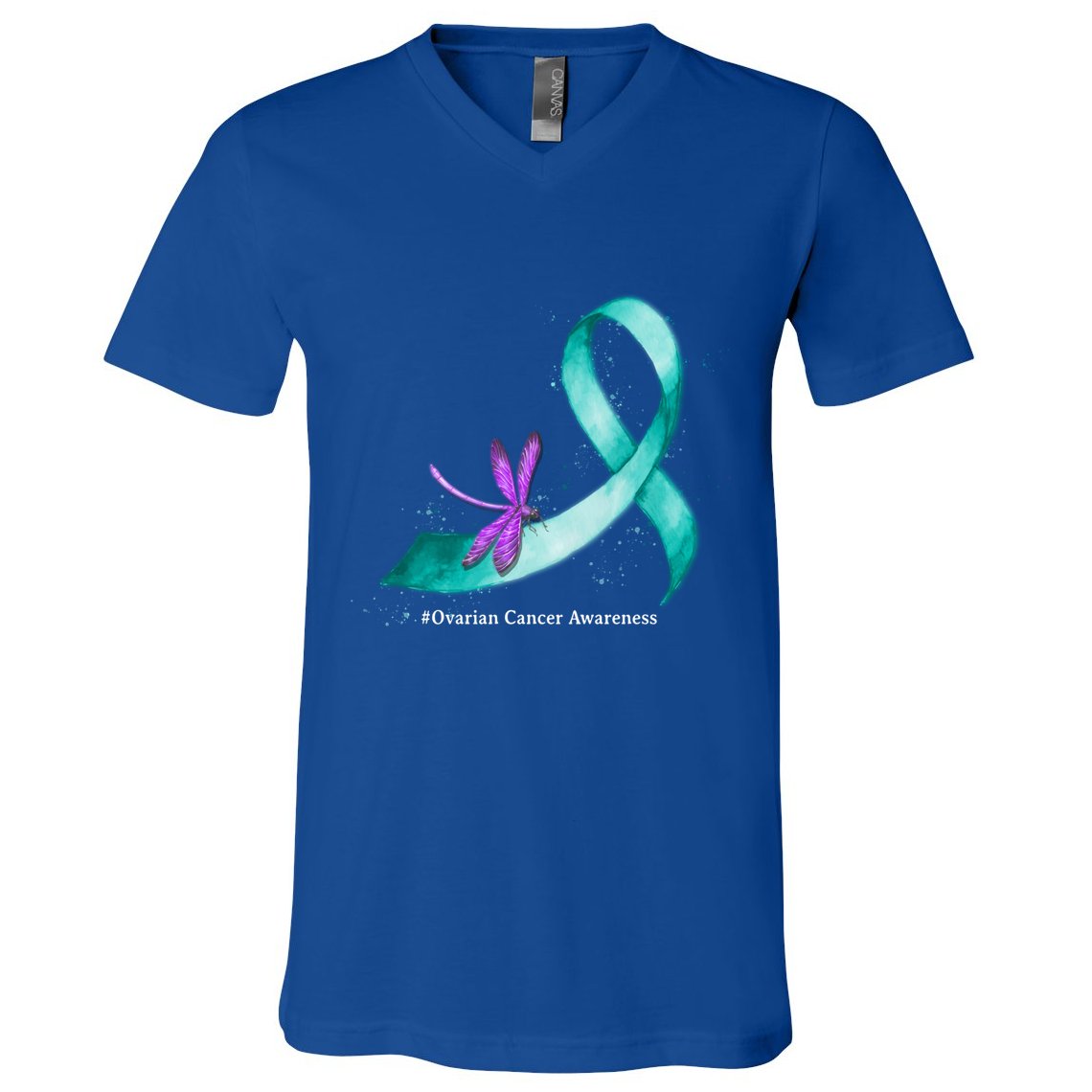Hippie Dragonfly Teal Ribbon Ovarian Cancer Awareness Cute Gift V-Neck T-Shirt