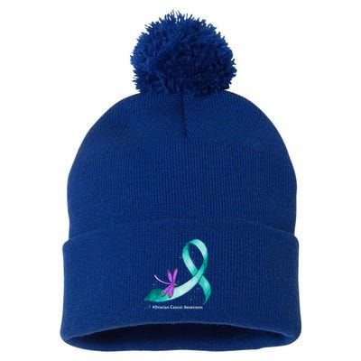 Hippie Dragonfly Teal Ribbon Ovarian Cancer Awareness Cute Gift Pom Pom 12in Knit Beanie
