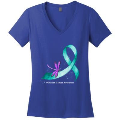 Hippie Dragonfly Teal Ribbon Ovarian Cancer Awareness Cute Gift Women's V-Neck T-Shirt