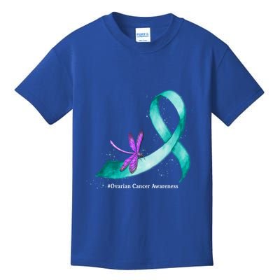 Hippie Dragonfly Teal Ribbon Ovarian Cancer Awareness Cute Gift Kids T-Shirt