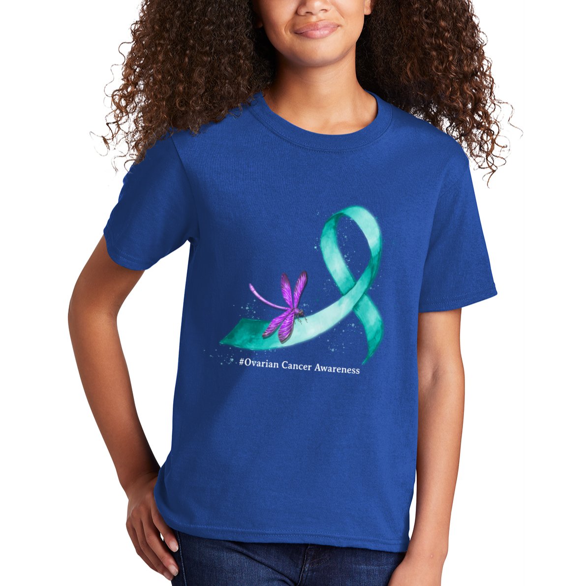 Hippie Dragonfly Teal Ribbon Ovarian Cancer Awareness Cute Gift Kids T-Shirt
