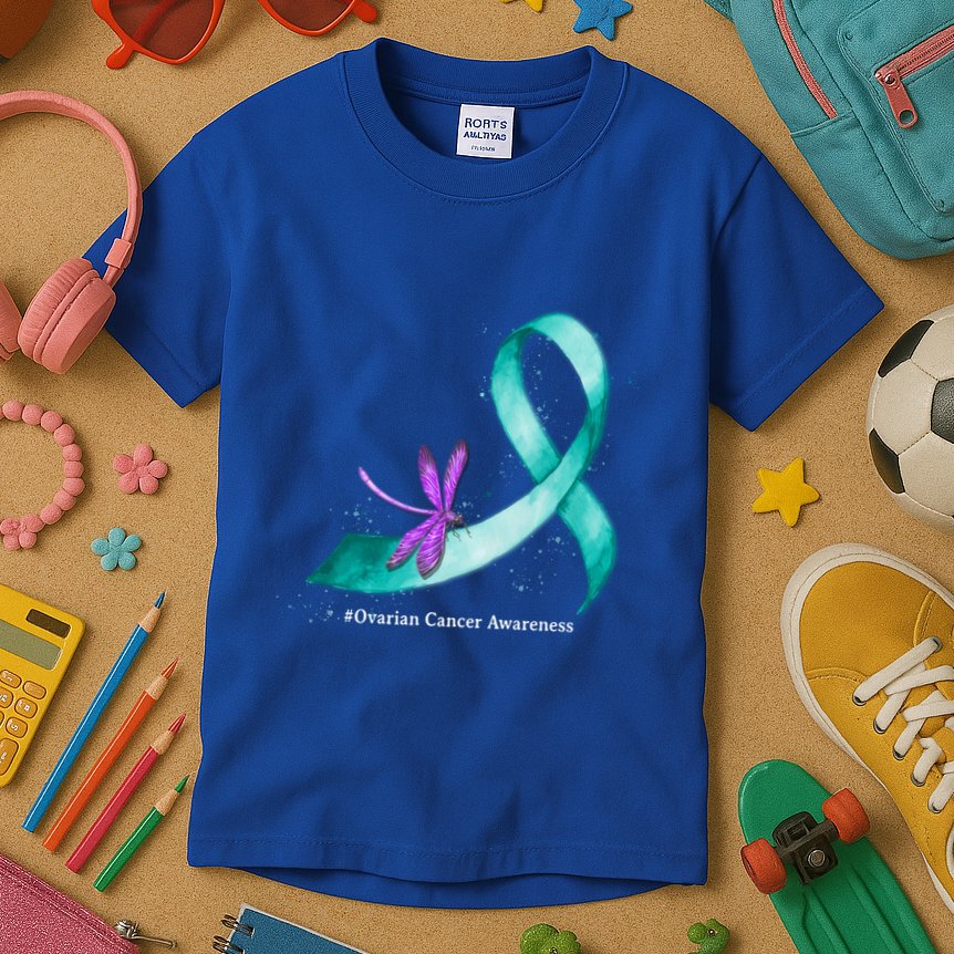 Hippie Dragonfly Teal Ribbon Ovarian Cancer Awareness Cute Gift Kids T-Shirt
