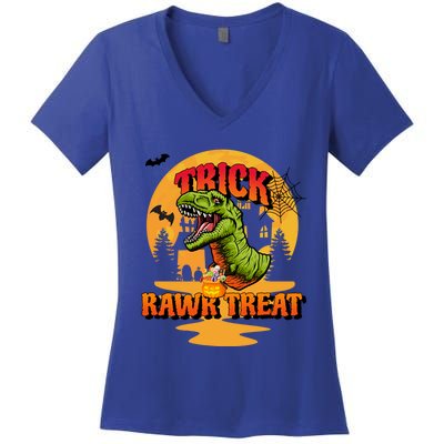 Halloween Dinosaur TRex Trick Rawr Treat Pumpkin And Bat Great Gift Women's V-Neck T-Shirt