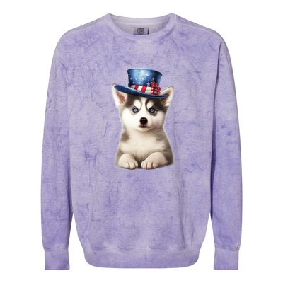 Husky Dog USA Flag Cute Husky Puppy Hat Huskies Colorblast Crewneck Sweatshirt