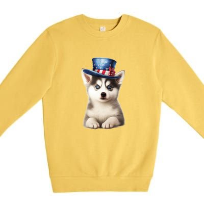 Husky Dog USA Flag Cute Husky Puppy Hat Huskies Premium Crewneck Sweatshirt